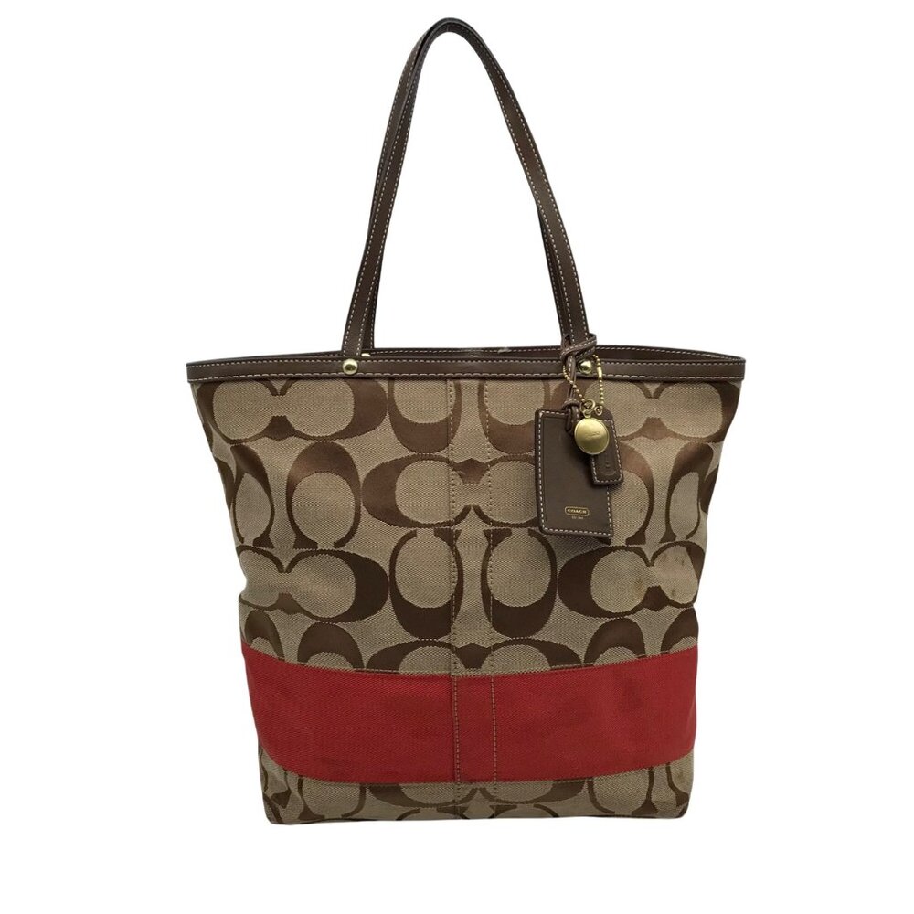 Coach Khaki & Red Signature Stripe Canvas Tote Bag 10125